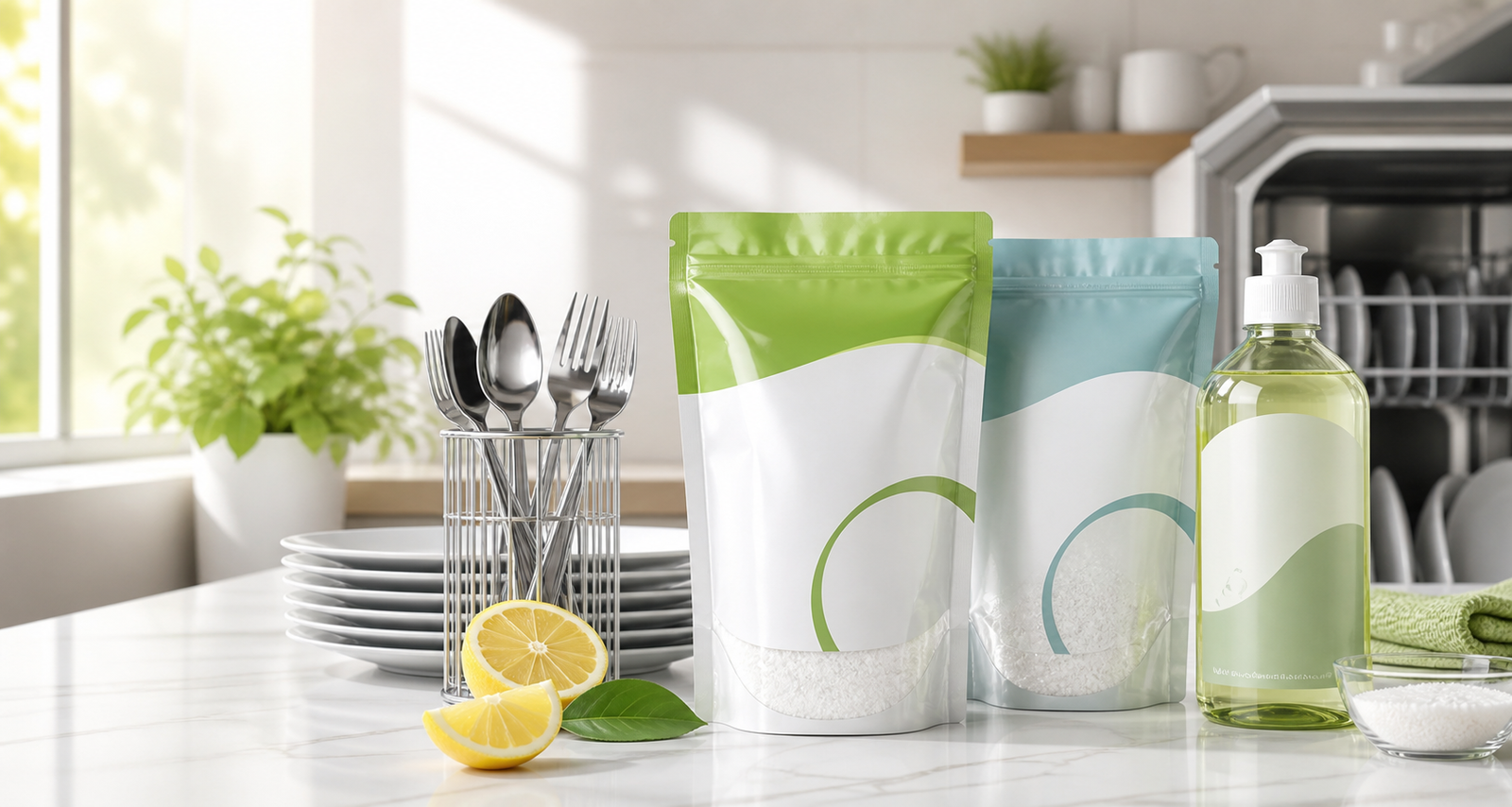 Dishwasher detergent kit with clean utensils in a modern kitchen
